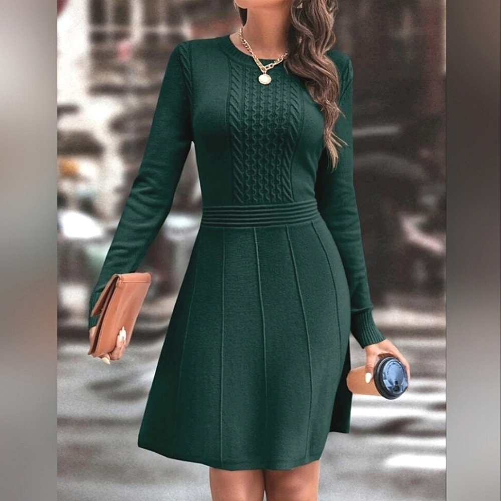 NEW Chic Cable Knit Long Sleeve Sweater Dress Dark Green - Picture 4 of 7